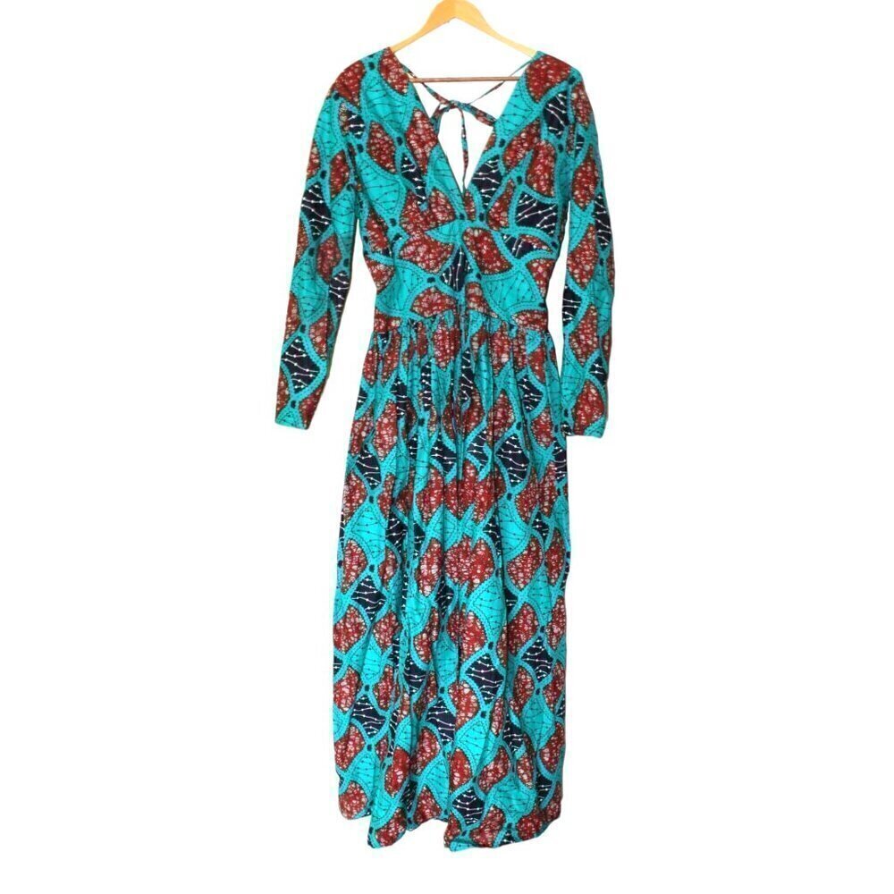 Handmade African multicolor Prairie Maxi dress M Tall Long sleeve zip up Tribal - Picture 9 of 13